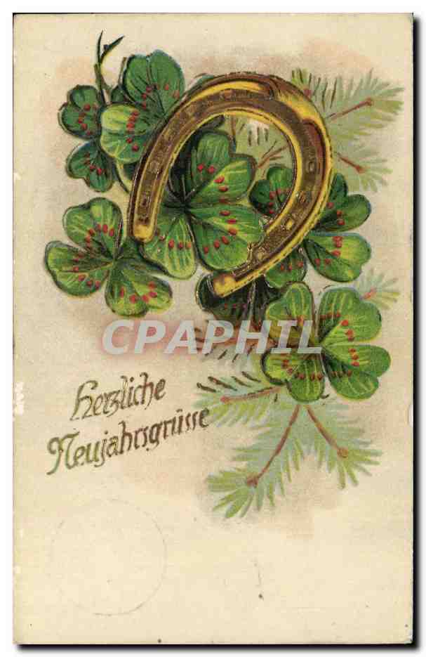 CPA Fantaisie Fer a cheval et trefle