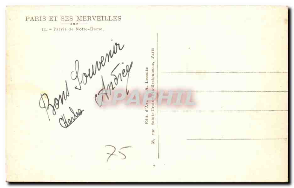 Paris CPA Parvis de Notre DAme — Verso