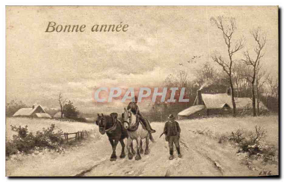 CPA Fantaisie Bonne annee Chevaux Attelage