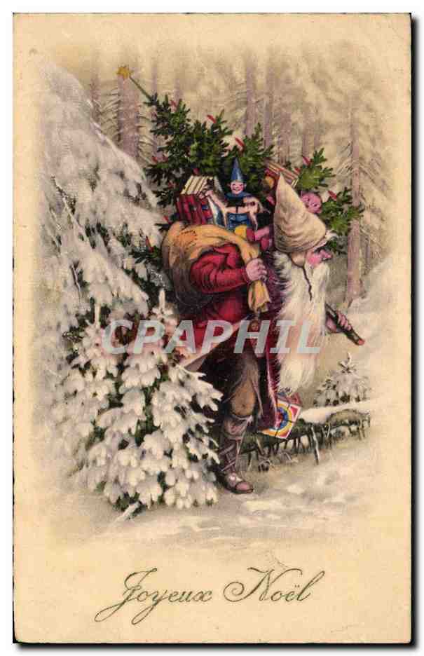 Père Noël transportant un sapin de Noël — scène hivernale — éditeur non visible