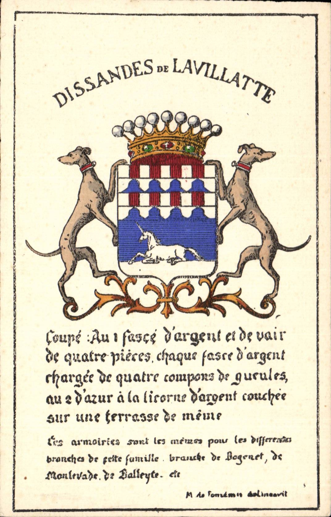 CPA Fantaisie Dissandes de Lavillatte Chien dog armoiries heraldry