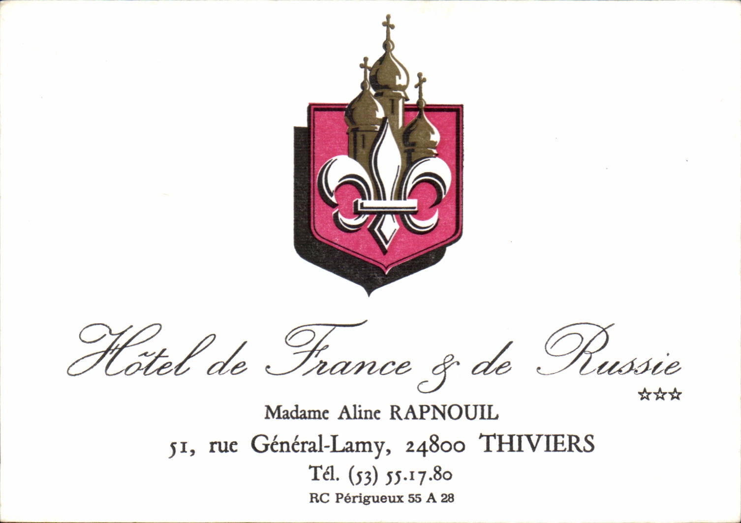 Carte Hotel de France et de Russie Aline Rapnouil Rue General Lamy Thiviers 