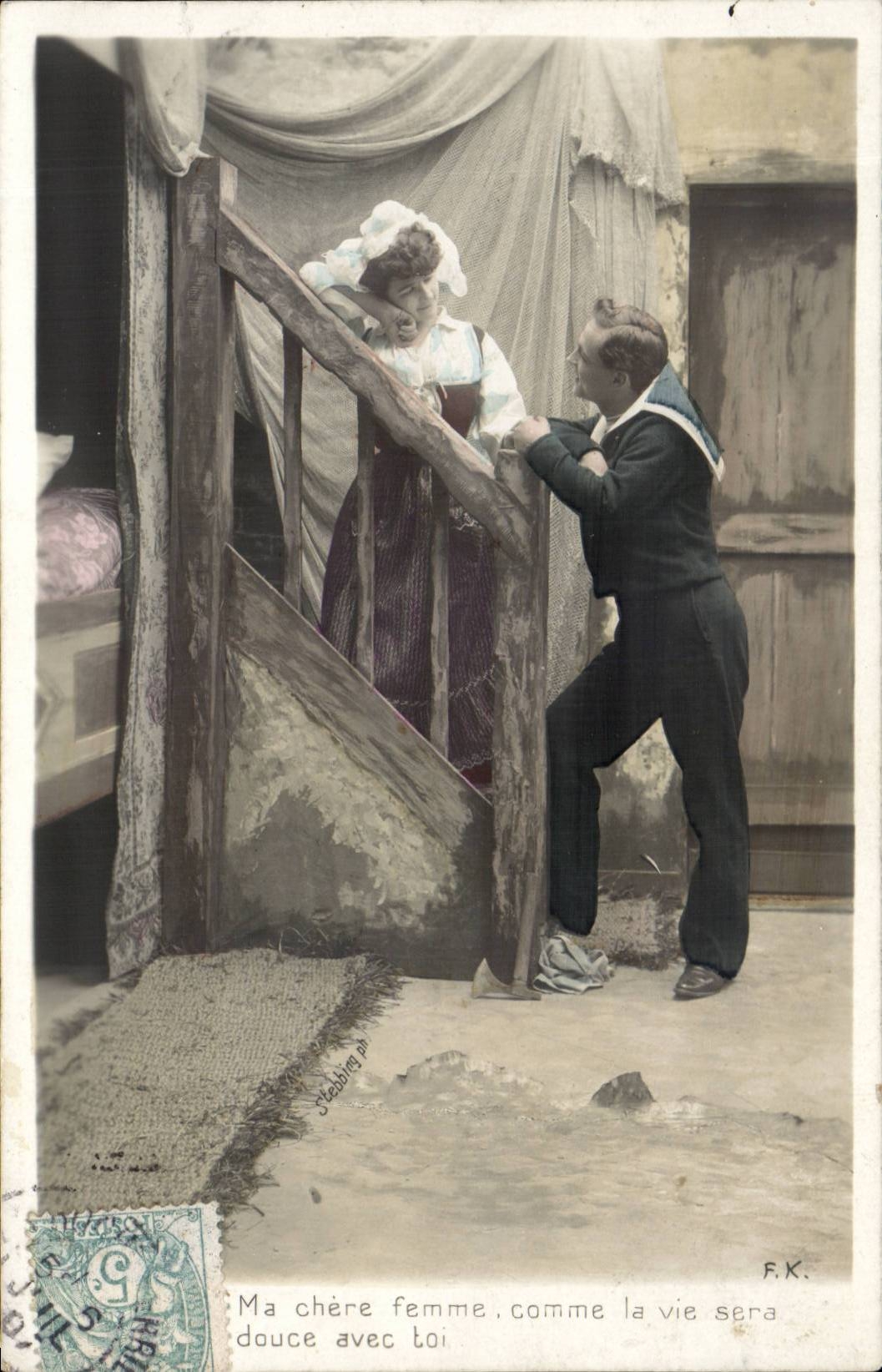 Nouvelle scène de vie — marin et femme au pied d'un escalier — F.K. (éditeur)