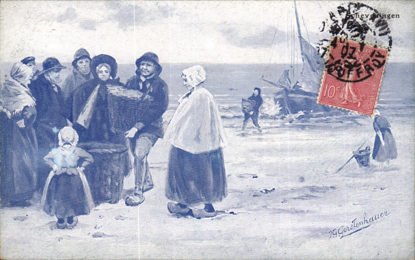 Scène de plage à Schevelingen — dessin de J.G. Gerstenhauer — éditeur Chromotype Moers & Gruze, Dordrecht