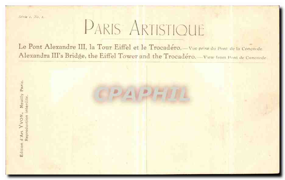 CPA Paris le pont Alexandre III la Tour Eiffel et le Trocadero — Verso