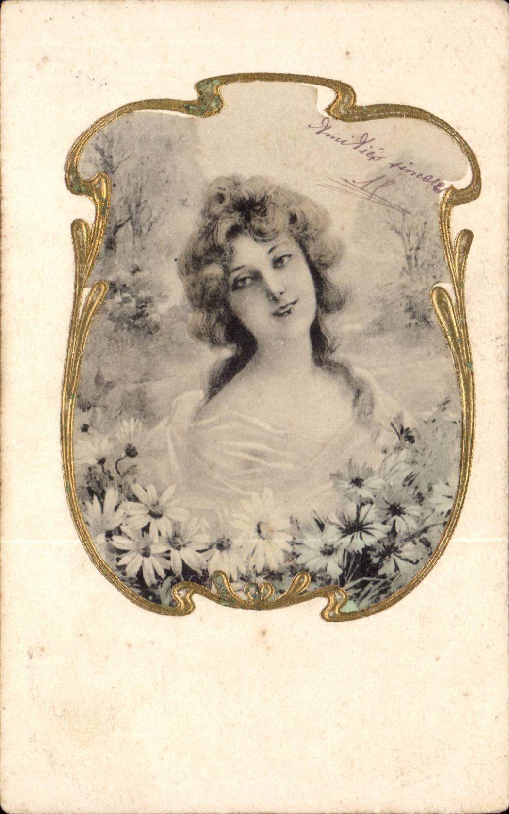 Jeune femme parmi des fleurs — carte postale ornée d'un cadre Art Nouveau — éditeur non identifié