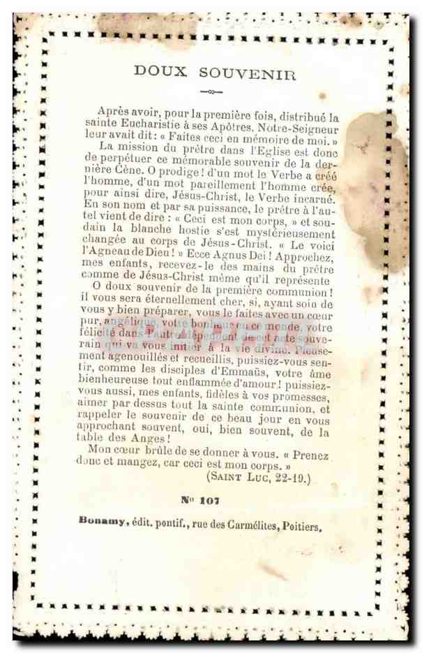 Doux Souvenir image pieuse Christ — Verso