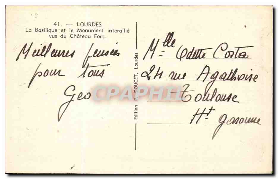 CPA Lourdes La basilique et le monument interallie vus du chateau fort — Verso