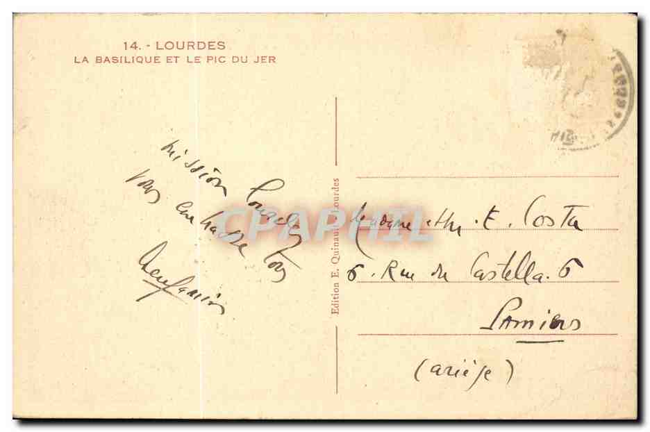 Lourdes — La Basilique et le Pic du Jer — Édition E. Quinault Lourdes, n°14 — Back