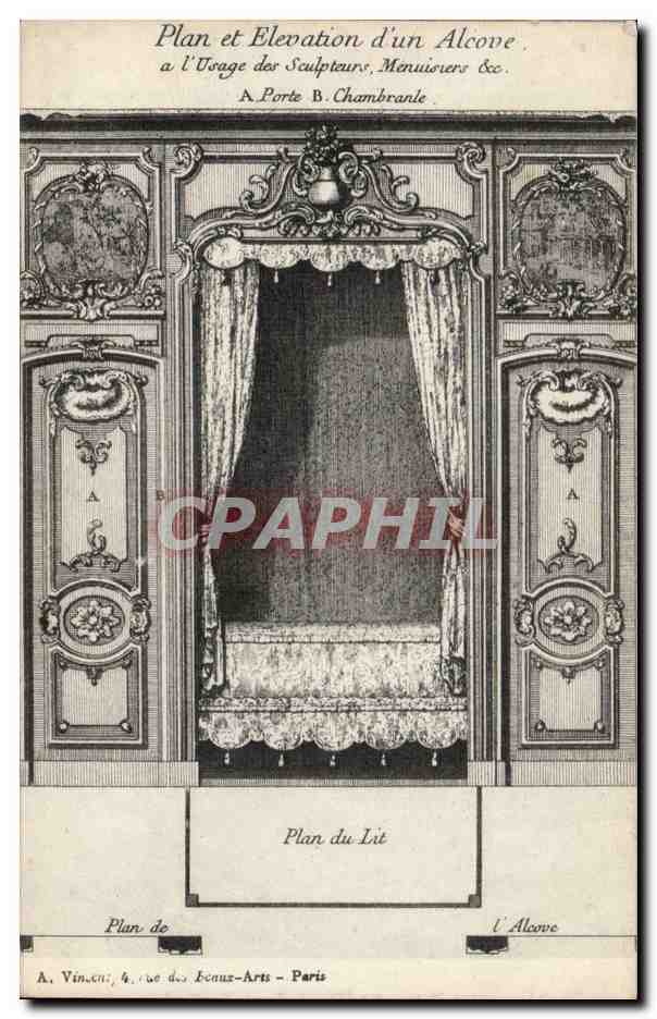 Paris CPA plan et elevation d'un alcove Plan du lit Rue des Beaux Arts