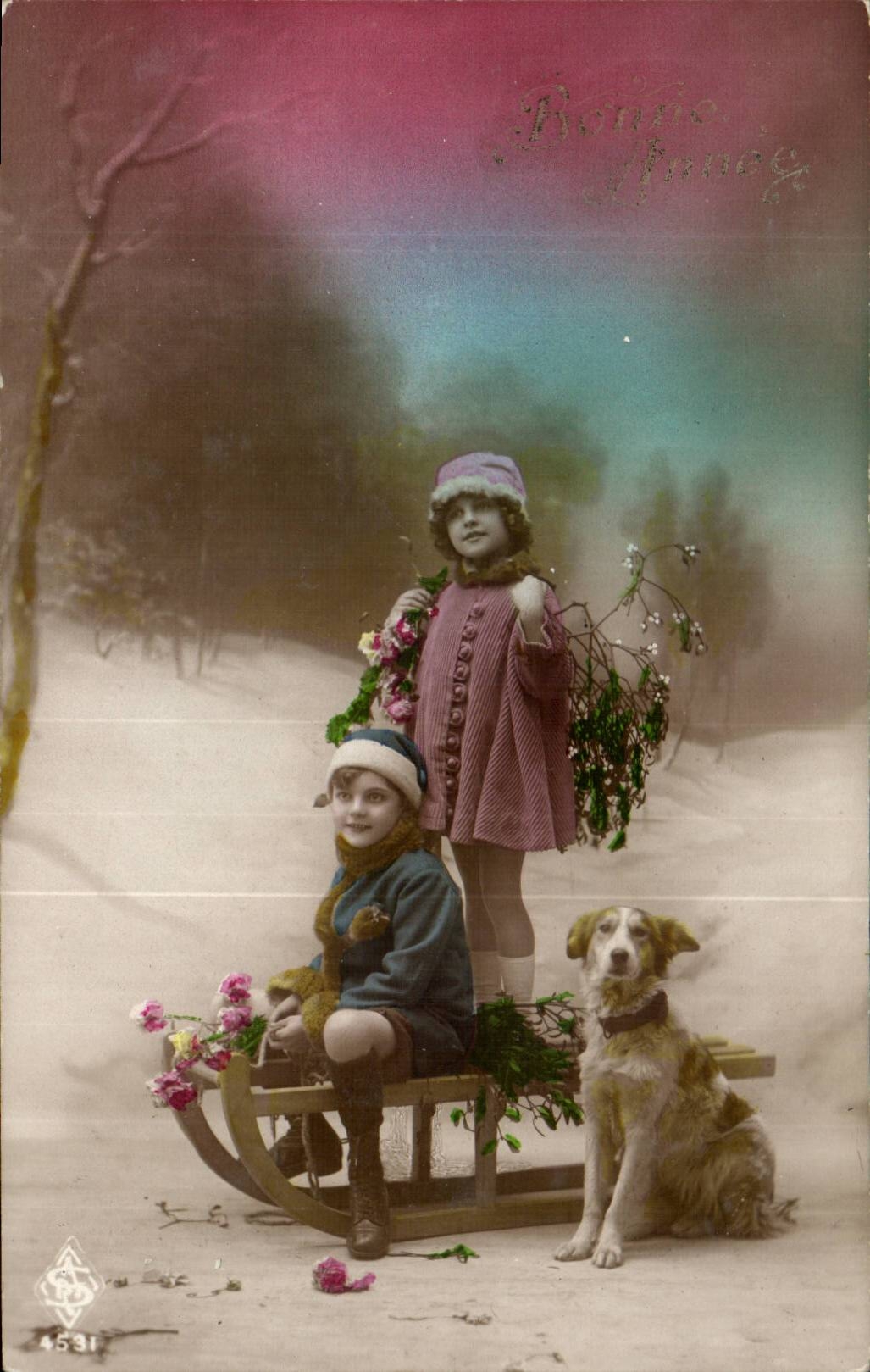 CPA Fantaisie Enfants et chien Luge