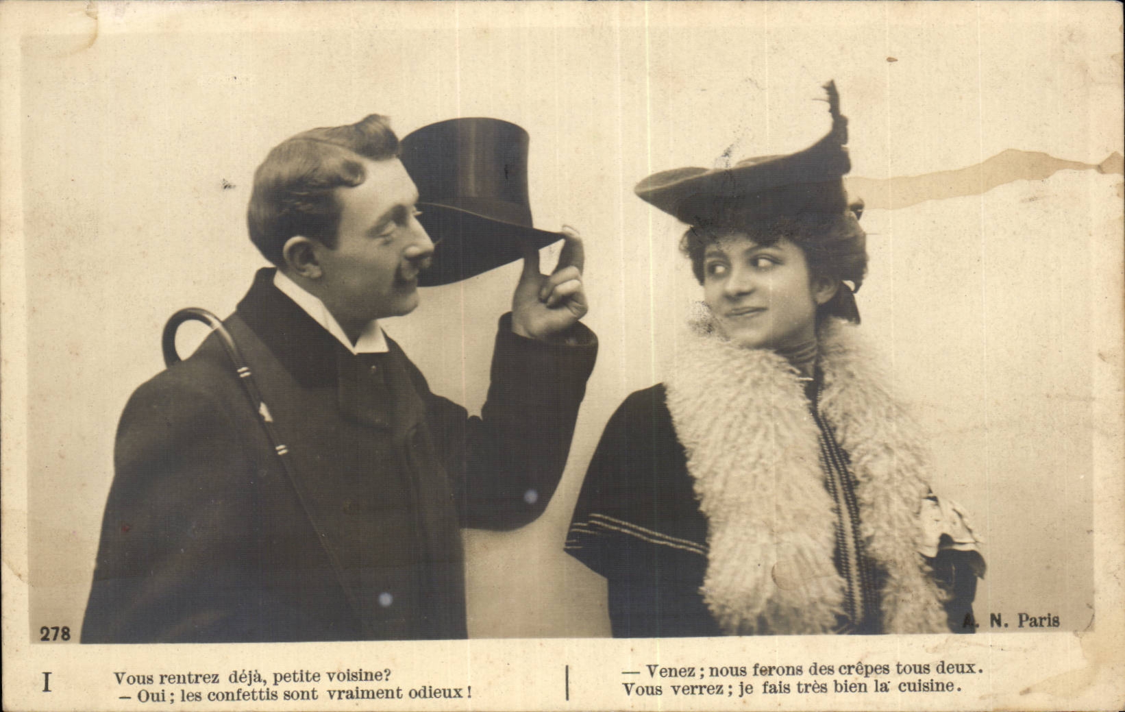 Couple en tenue d'époque — dialogue humoristique — A. N. Paris, n° 278