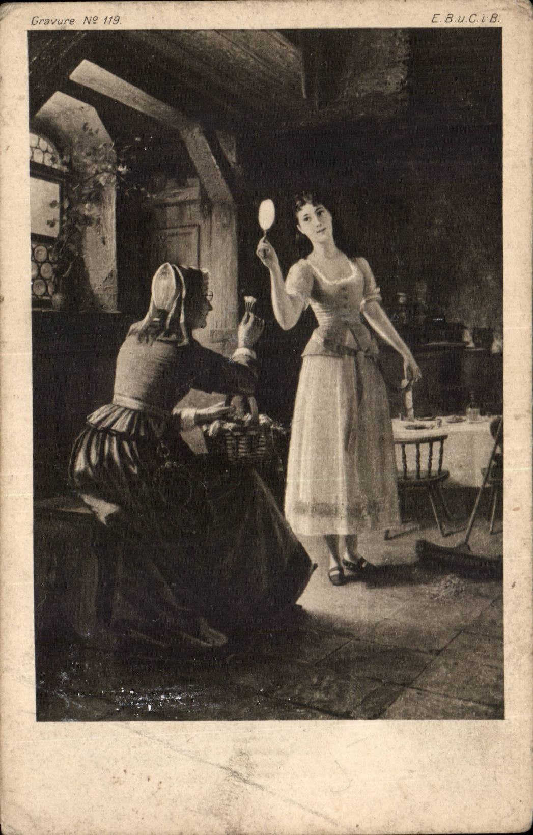 Femme se regardant dans un miroir — scène intérieure — E.B.U.C.I.B. Gravure N° 119