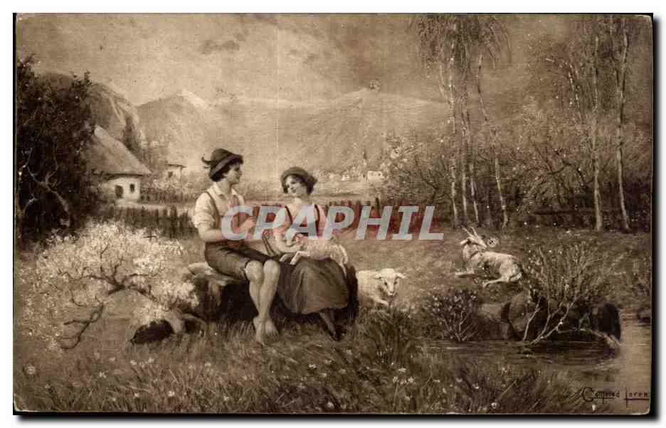 CPA Fantaisie Femme et berger Cherve mouton goat sheep