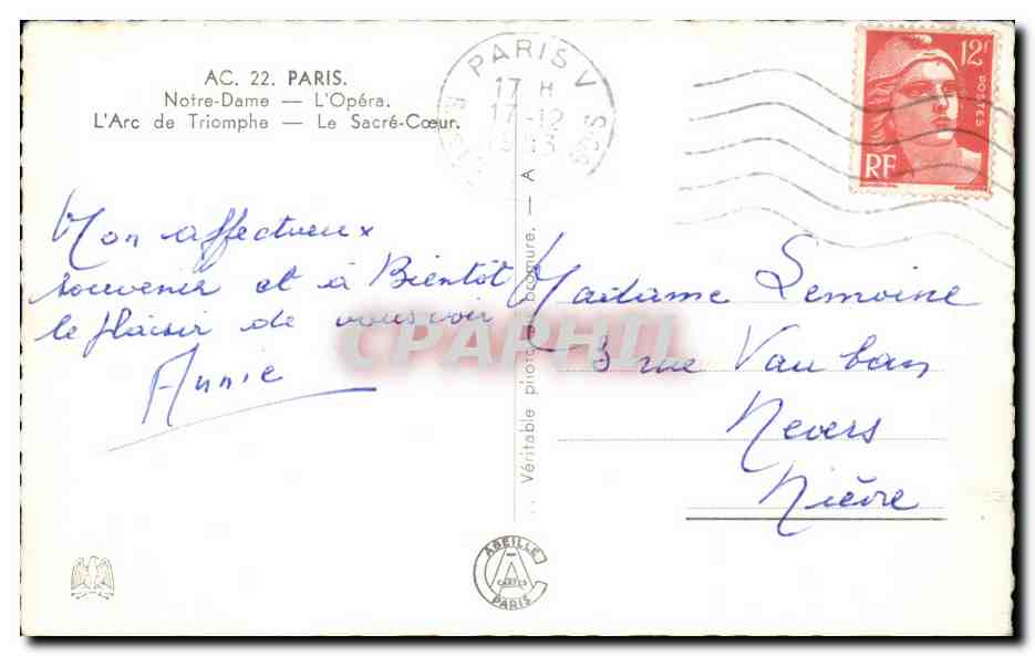 Paris CPA Notre Dame Opera Sacre Coeur Montmartre — Rückseite