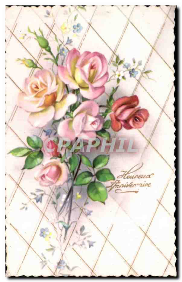 CPA Fantaisie Fleurs Heureux anniversaire