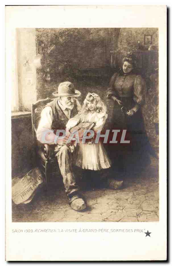 CPA Fantaisie Salon 1909 Chretien La visite a grand pere Sortie des prix 