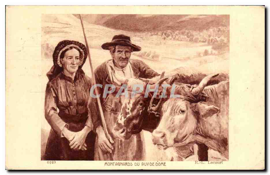 CPA Folklore Costume Montagnards du Puy de Dome Vaches Boeufs