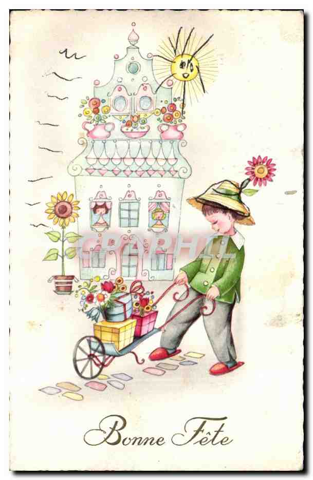 CPA Fantaisie Enfant et brouette Bonne fete