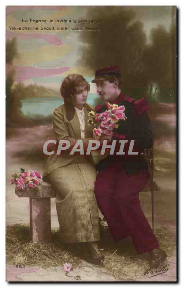 Soldat et femme assis sur un banc — scène romantique — éditeur Mirabella, n° 660