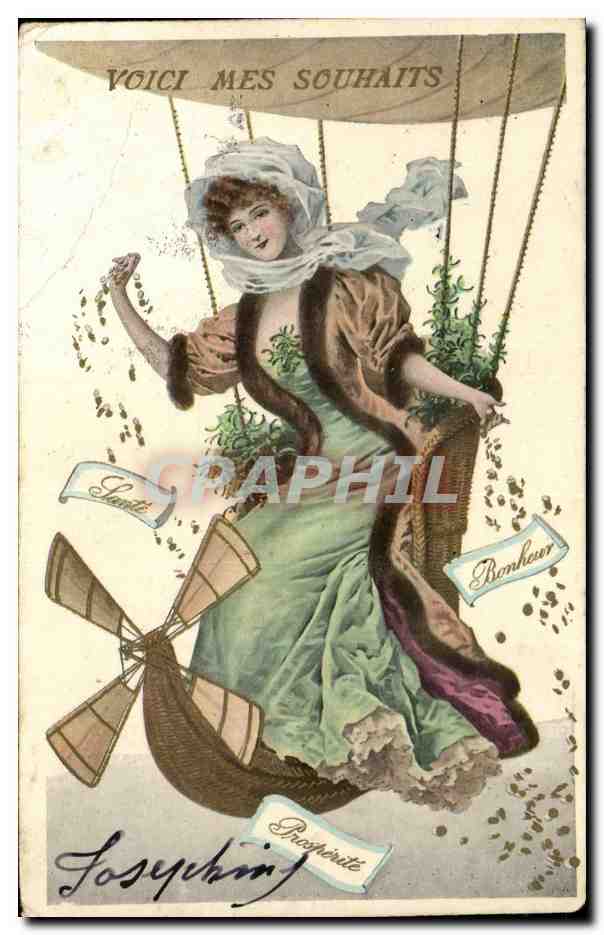 CPA Fantaisie Femme en mongolfiere Dirigeable zeppelin
