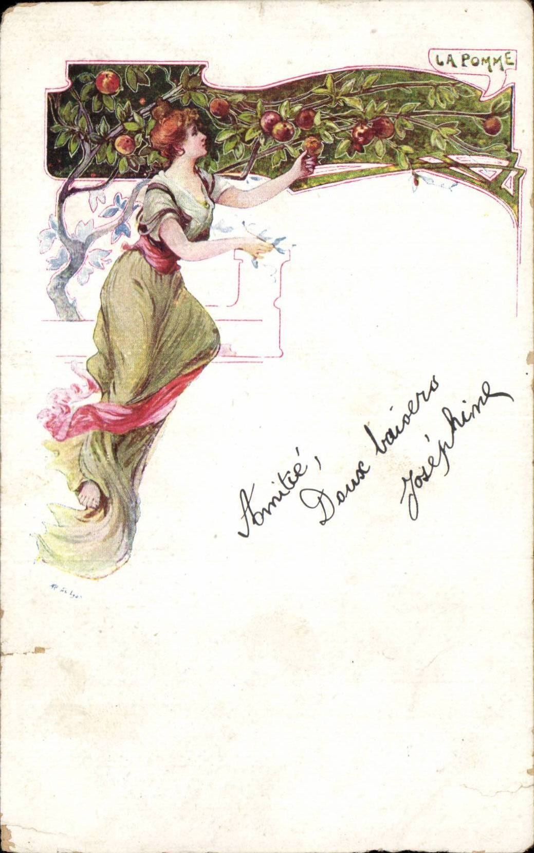 CPA Fantaisie Femme la pomme ( folklore type Arts Decoratifs ) 
