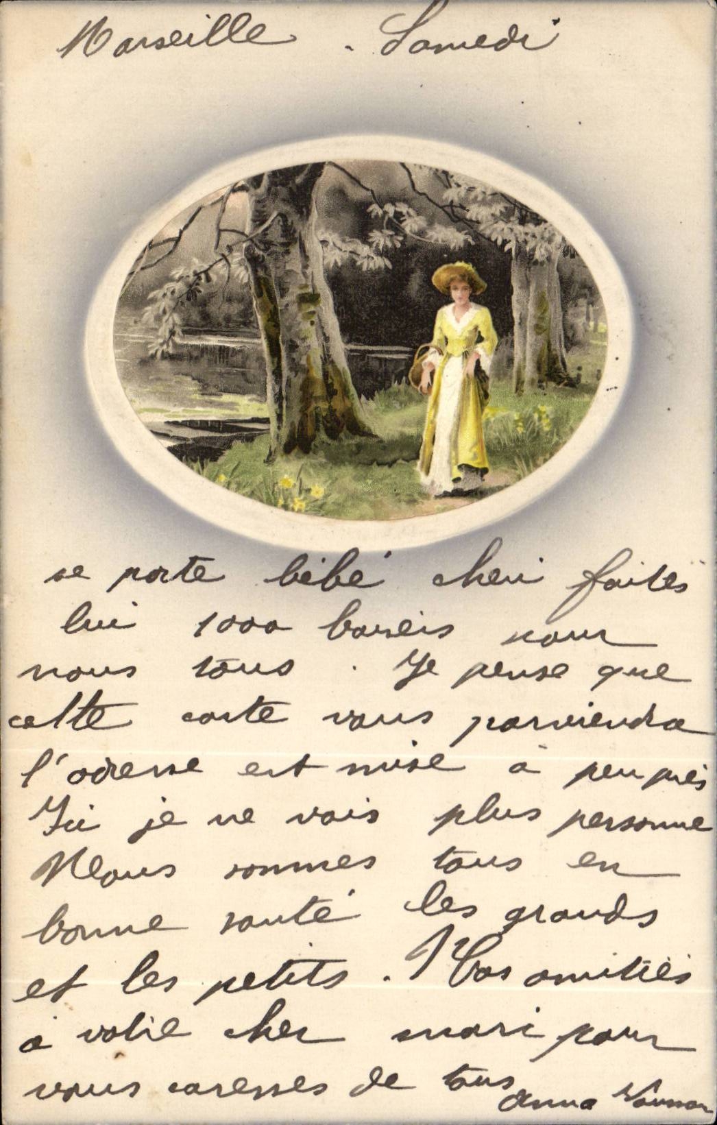 Marseille — Samedi — Carte postale avec illustration d'une femme en robe jaune dans un parc