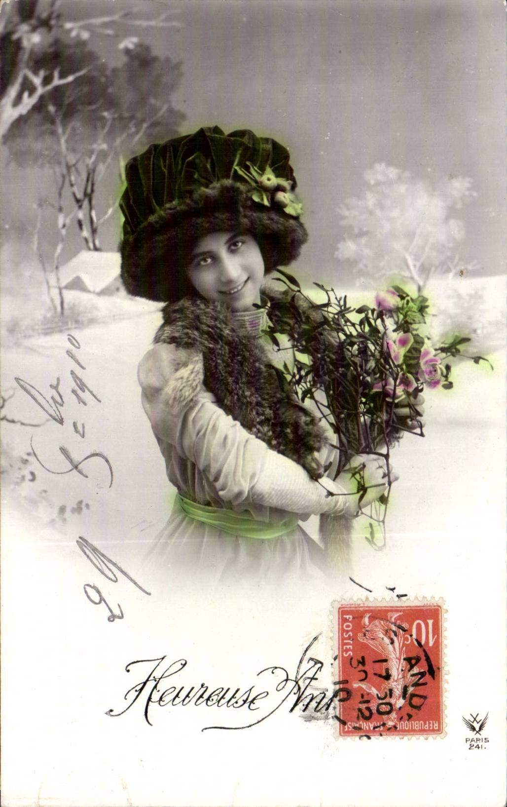 Femme en hiver — avec bouquet — éditeur Heurouse Ami, Paris