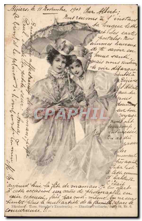 Deux jeunes femmes sous un parapluie — Béziers, 11 novembre 1903 — Théo Strooper, Nürnberg, Série 66, n° 6