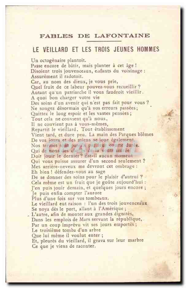 CPA Fantaisie Fables de la Fontaine Le vieillard et les trois jeunes hommes Gustave Dore — Rückseite