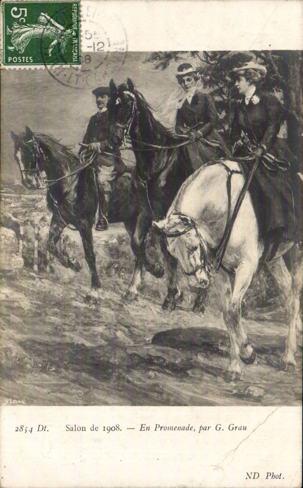 CPA SAlon de 1908 En promenade par G Grau chevaux
