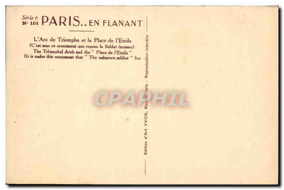 Paris CPA Arc de TRiomphe — Verso