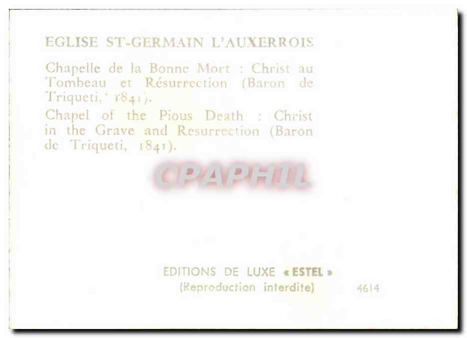 Église Saint-Germain-l'Auxerrois — Chapelle de la Bonne Mort : Christ au Tombeau et Résurrection (Baron de Triqueti, 1841) — Éditions de Luxe « Estel » n° 4614 — Verso