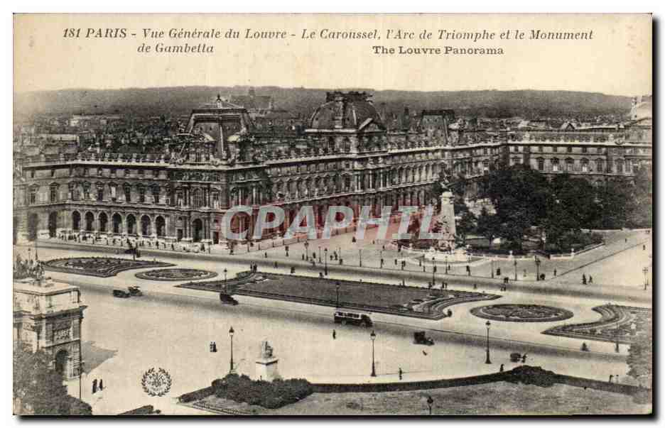 Paris CPA Vue generale du Louvre Le CArrousel L'arc de triomphe et le monument de Gambetta