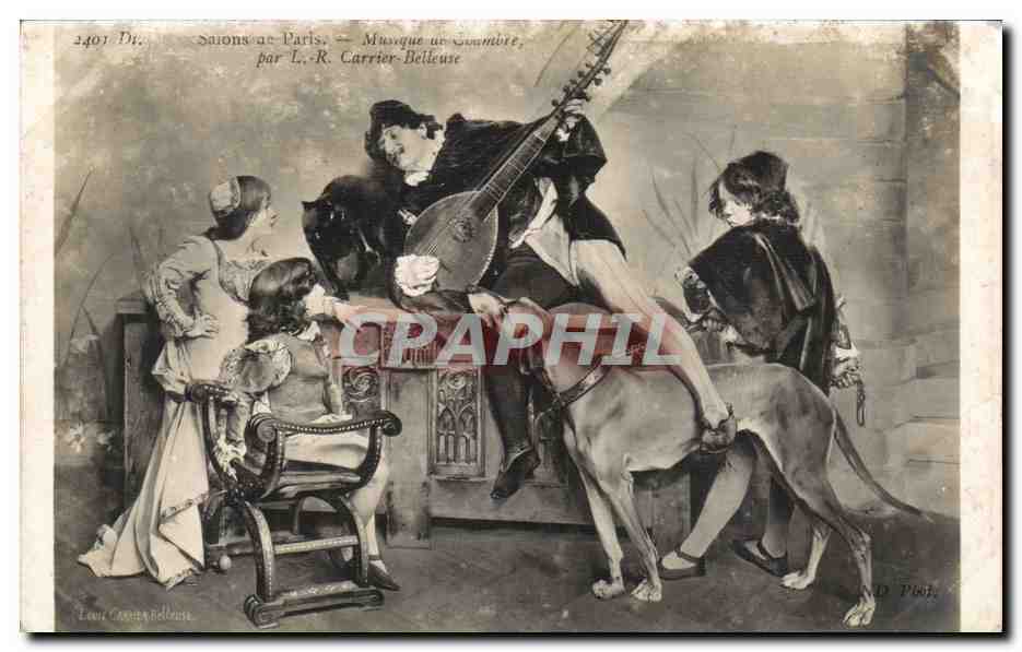 CPA SAlon de Paris Musique de Chambre par L R Carrier Belleuse Chien dog