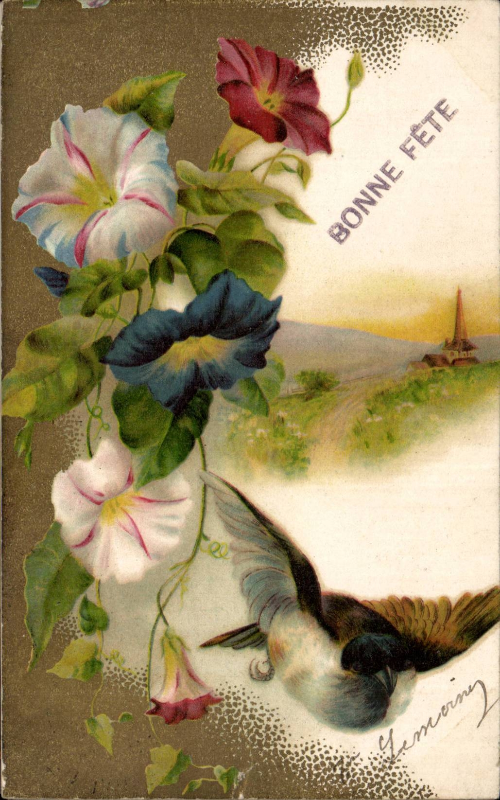Fleurs et oiseau — Bonne Fête — Éditeur N.° SOTFEURS, PARIS, SÉRIE 499