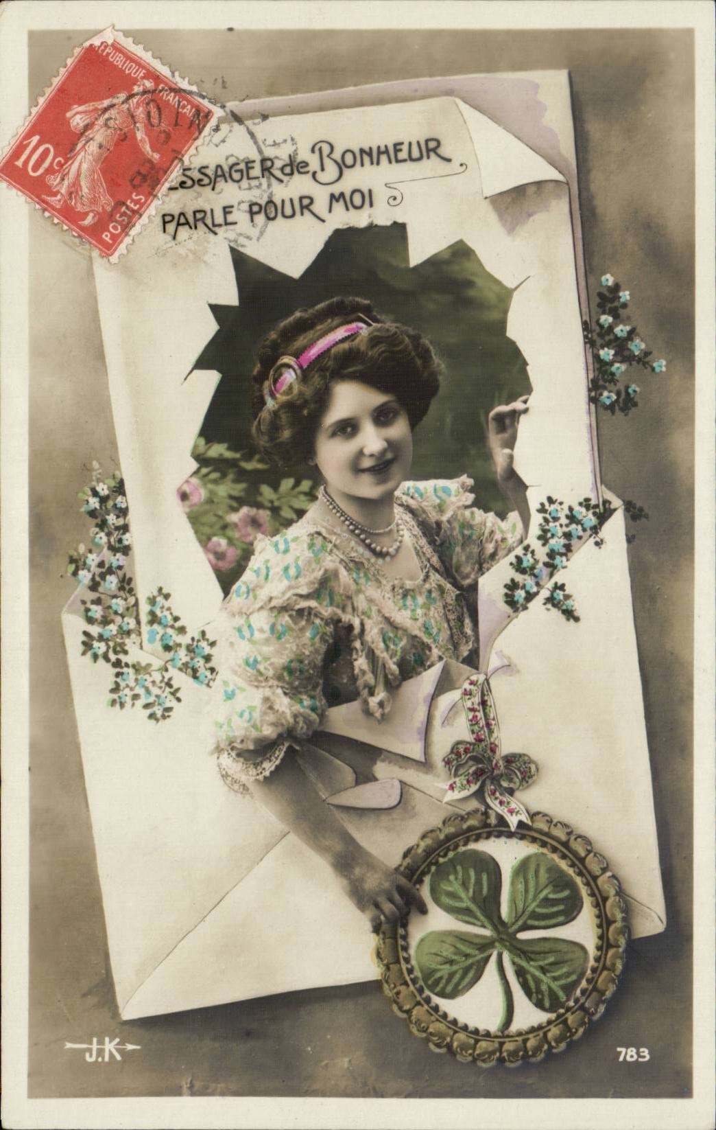 Lächelnde Frau mit Kleeblatt — Verlag J.K., Nr. 783 — 10c Republik Frankreich