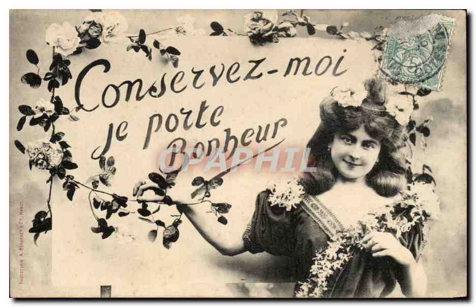 Femme en robe fleurie — 'Conservez-moi, je porte bonheur' — Éditeur A. Pichery & Cie, Nancy
