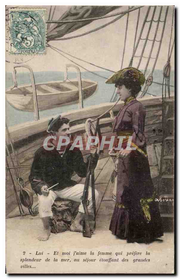 Sailor and Lady on a Ship — 'Lui - Et moi j'aime la femme qui préfère la splendeur de la mer, au séjour étouffant des grandes villes...' — Aubert