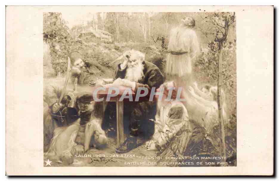 CPA Salon 1909 Jan Styka Tolstoi ecrivant son manifeste Entoure des souffrances de son pays 