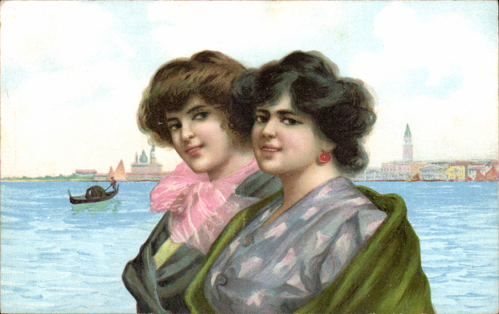 Deux jeunes femmes à Venise — vue de la lagune avec gondole — Union Postale Universelle