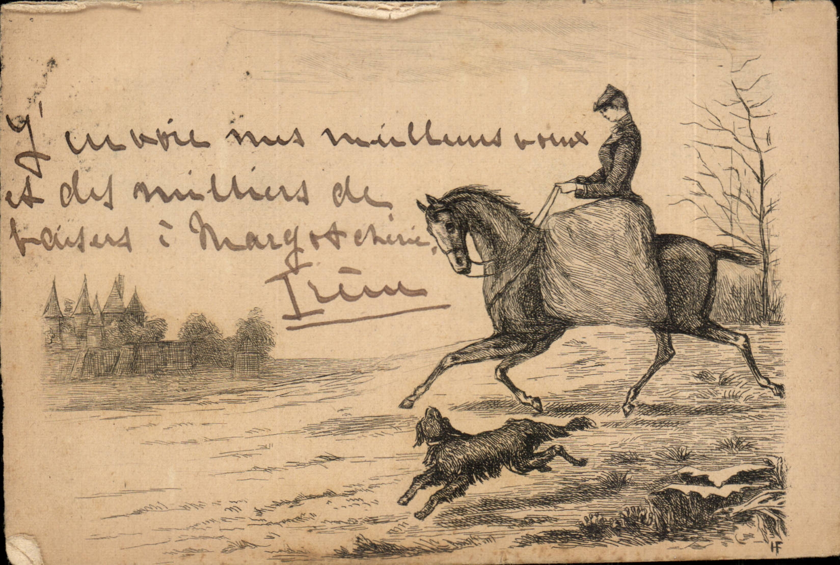 CPA Fantaisie Femme a cheval Chien Hippisme