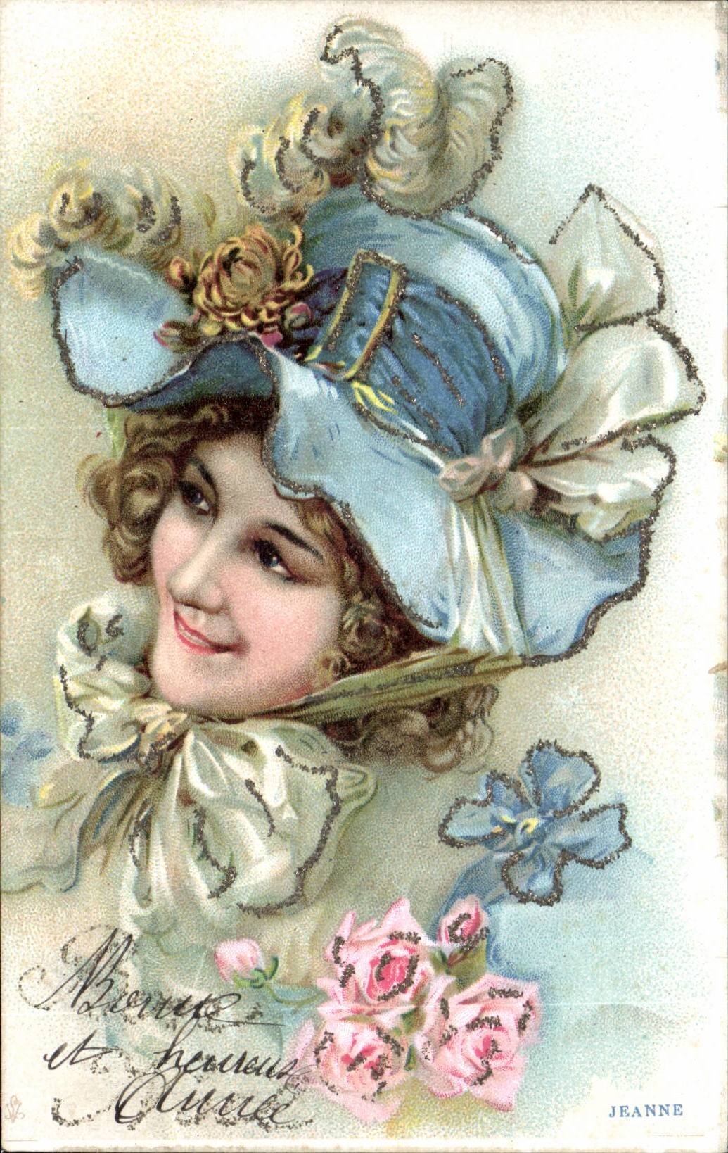 Jeune femme en chapeau bleu — carte postale — JEANNE