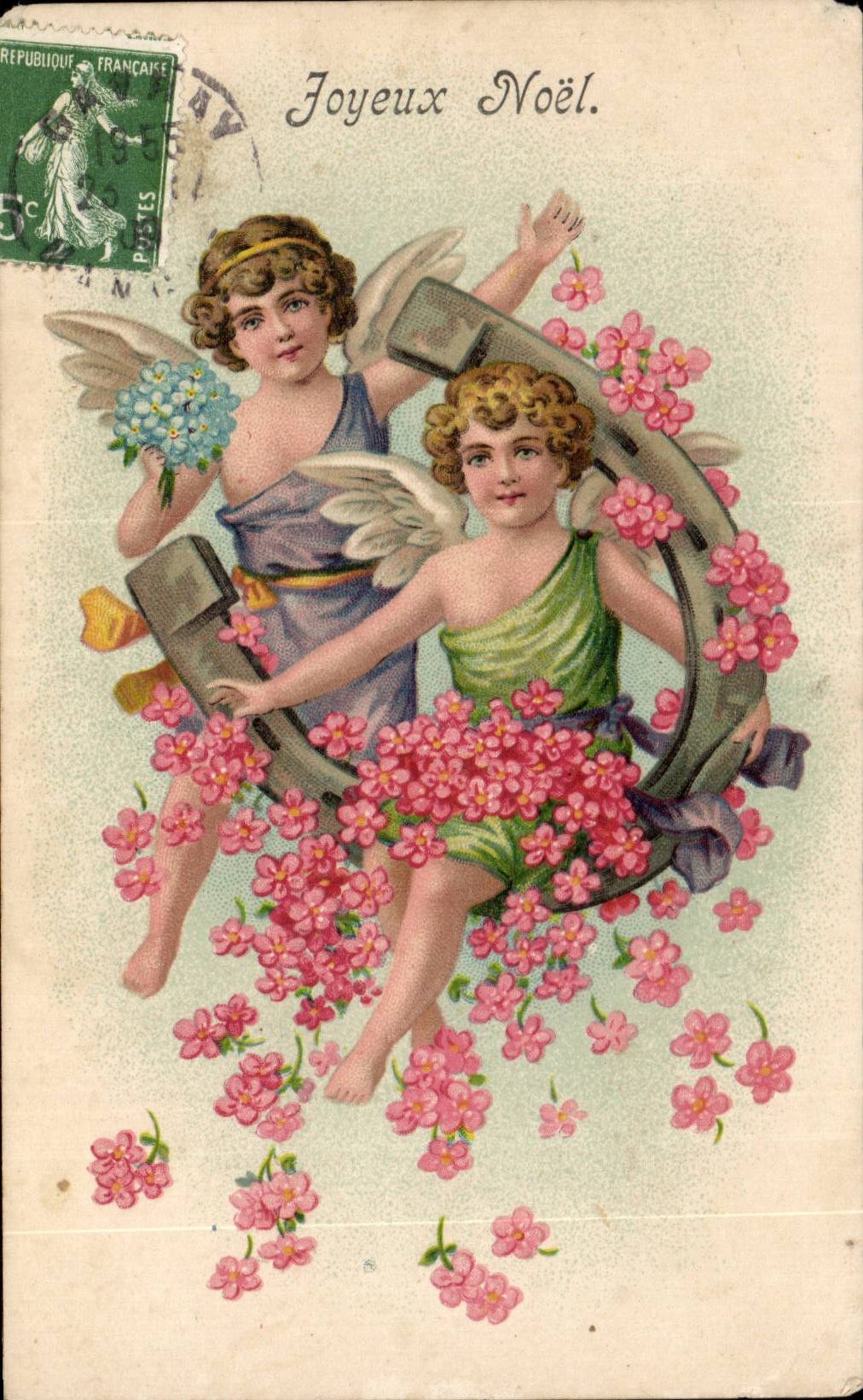 Deux anges dans un cercle floral — Joyeux Noël — République Française, 5c