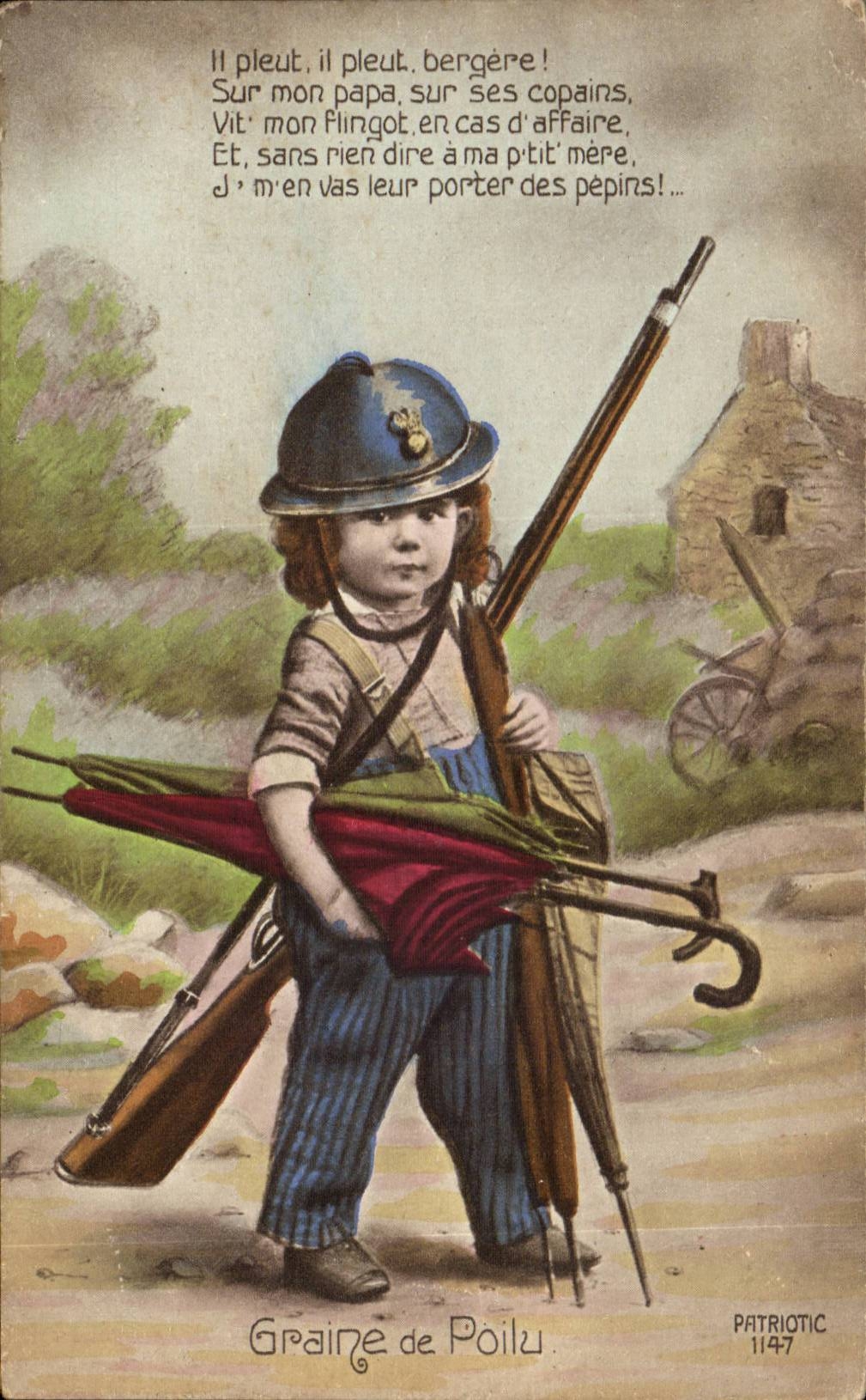 Kind in Polizeiuniform — mit Regenschirm und Gewehr — Verlag PATRIOTIC n°1147