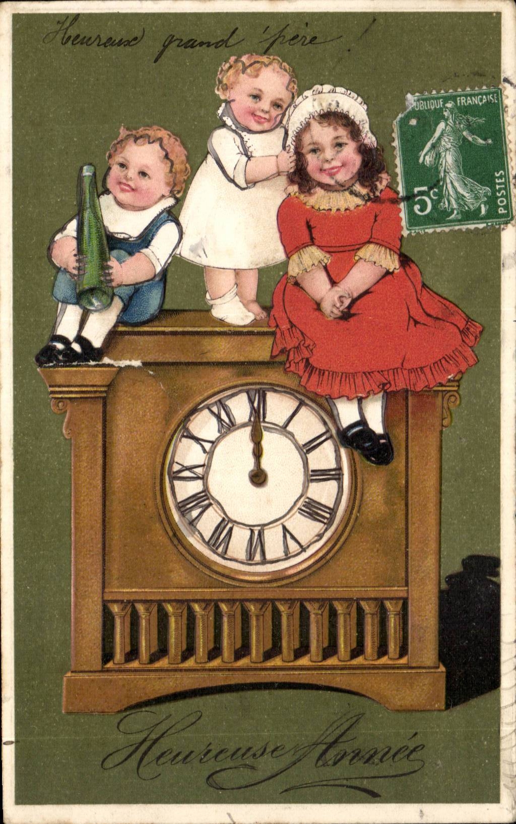 CPA Fantaisie Enfants et holroge Bonne annee