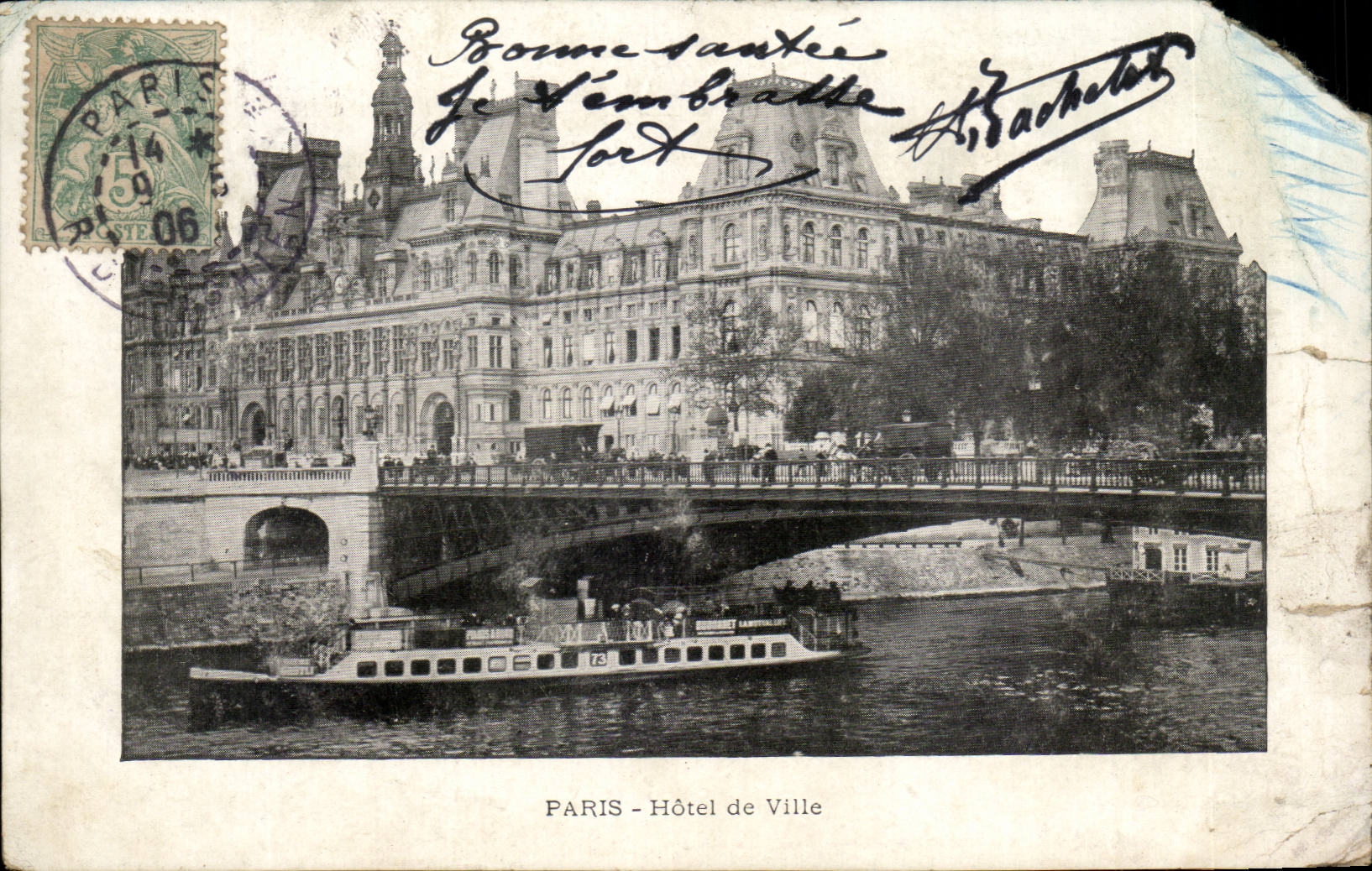 París - Hôtel de Ville — vista del puente y la embarcación — editor no identificado