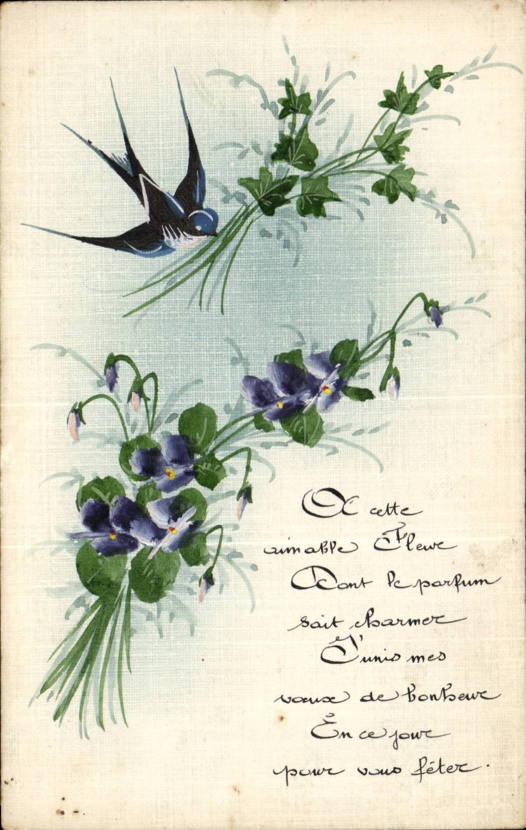 CPA Fantaisie Fleurs et hirondelle