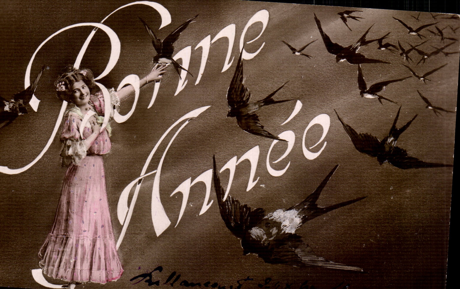 CPA Fantaisie Femme Bonne annee Hirondelles 