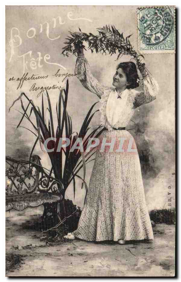 Femme tenant un couronne de feuilles — Bonne Fête — éditeur BR.V.D.